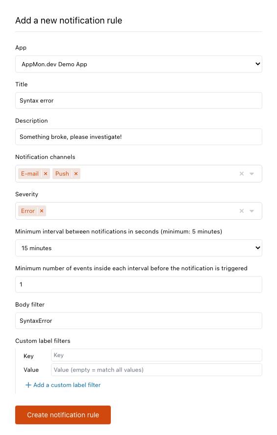Screenshot of the notification rule setup page