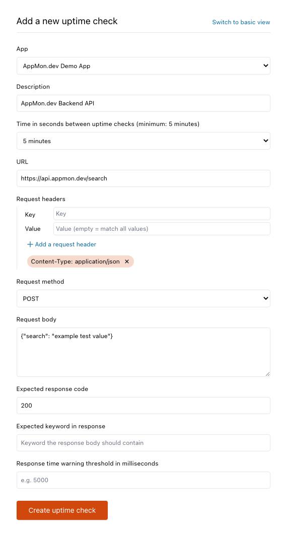 Screenshot of advanced uptime monitoring setup